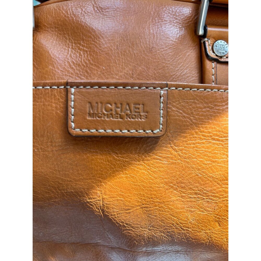 Vintage Michal Kors Cognac Leather Satchel-Buckle Pocket Detail - Picture 3 of 8
